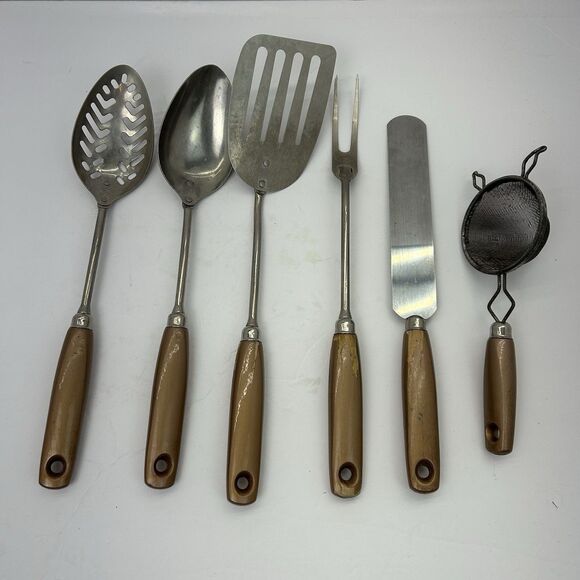 Farmhouse Ekco A&J Gold Handle Kitchen Utensils Spatula Slotted Spoon Fork 6pc - Picture 1 of 9
